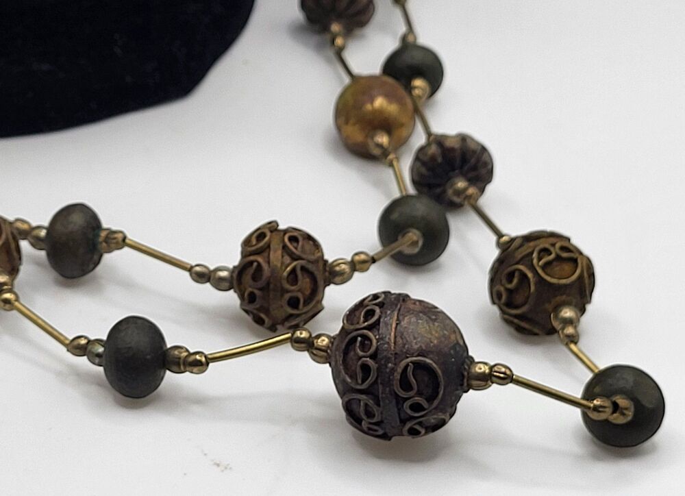 Boho Chunky Necklace Earth Wood Brass Long Statement Retro Eclectic Hippie 28"